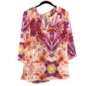Adiva Floral Print Chiffon Tunic Blouse With Keyhole Neckline & 3/4 Sleeves S